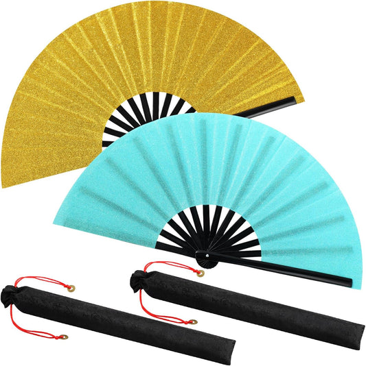 Maitys 2 Packs Large Clap Fans for Line Dancing Large Chinese Folding Hand Fans for Men and Women, Festival, Tai Ji, Kungfu, Martial Art, Gifts (Glitter Green and Gold)