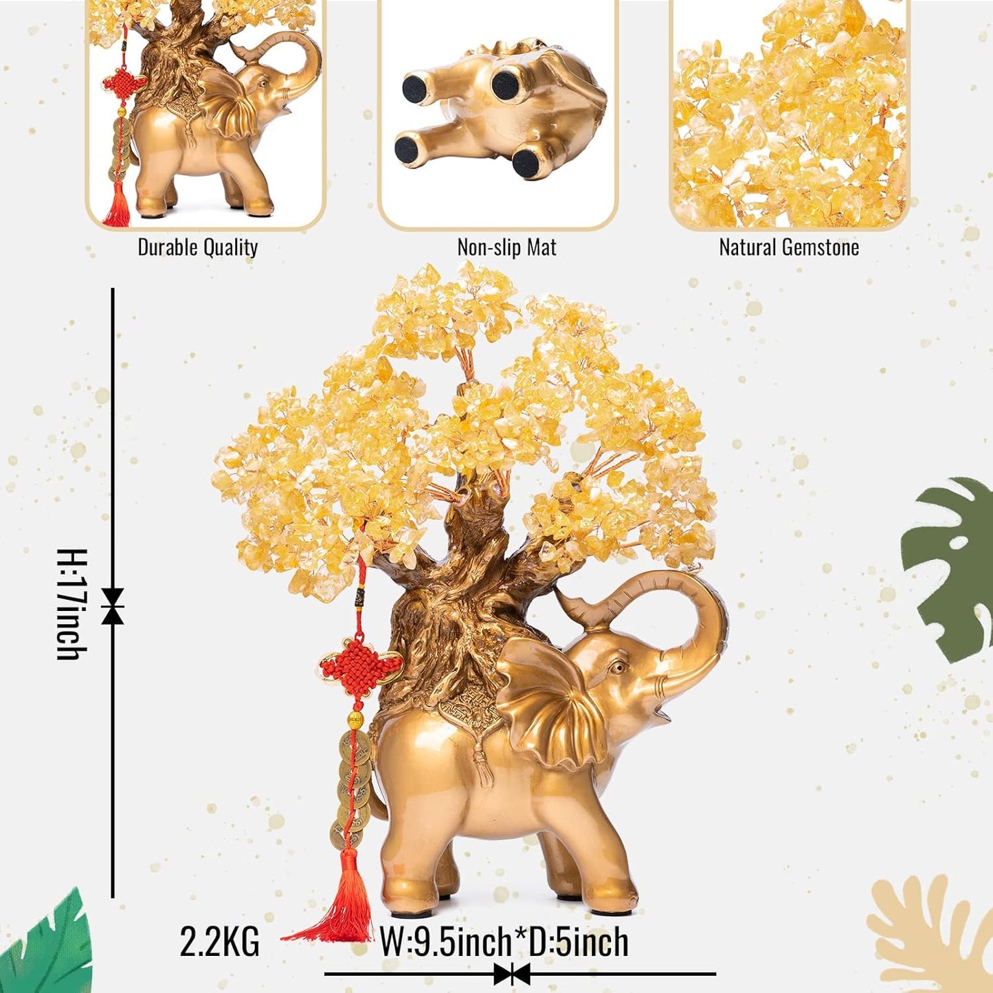 Citrine Crystal Money Tree on Gold Elephant Statue, 17”Large Gemstone Bonsai Tree of Life Home Décor Gifts for Wealth Positive Energy, Feng Shui Décor