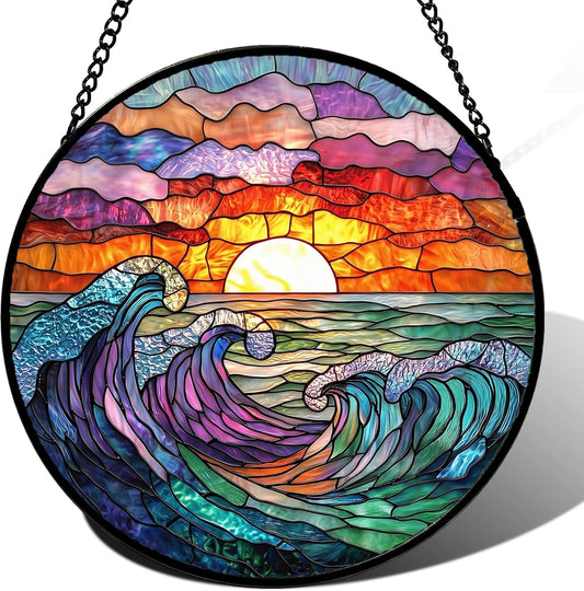 Stained Glass Window Hanging, Clouds and Sea Waves Suncatcher Diamond Glass Panel Hangings Scenery Sun Catchers Decor for Birthday for Women, Men, Wife, Aunt, and Mom 14.9 in