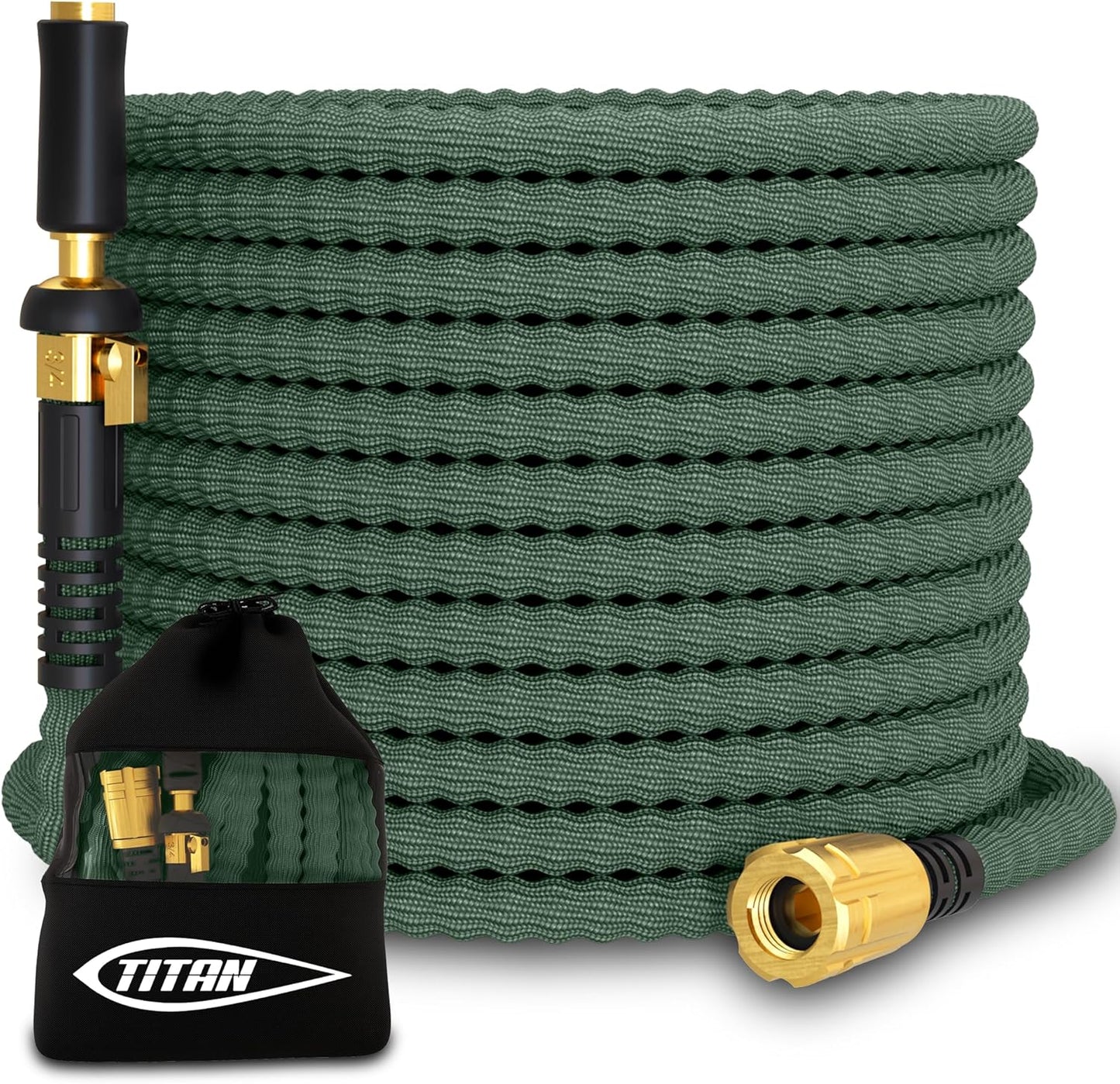 TITAN Flexible Garden Hose 15FT – Ultra Lightweight, Heavy Duty Water Hose with Brass Fittings & Jet Nozzle – Kink-Free, Non-Expanding, Durable Fabric Hose for Yard, Lawn, Car Wash, Outdoor Use