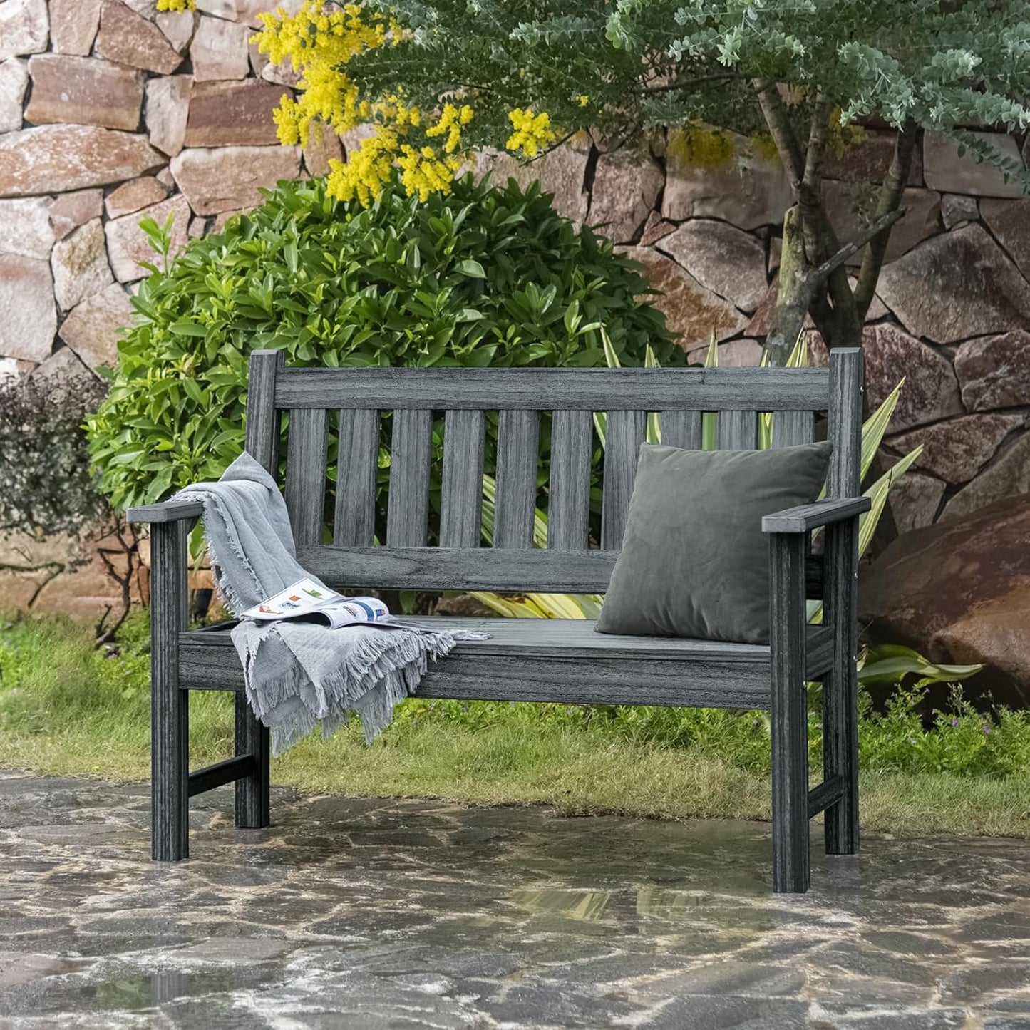 Outdoor Bench, 2-Person Garden Bench, Poly Lumber Patio Bench for Outdoors, Porch, and Park (Dark Grey)