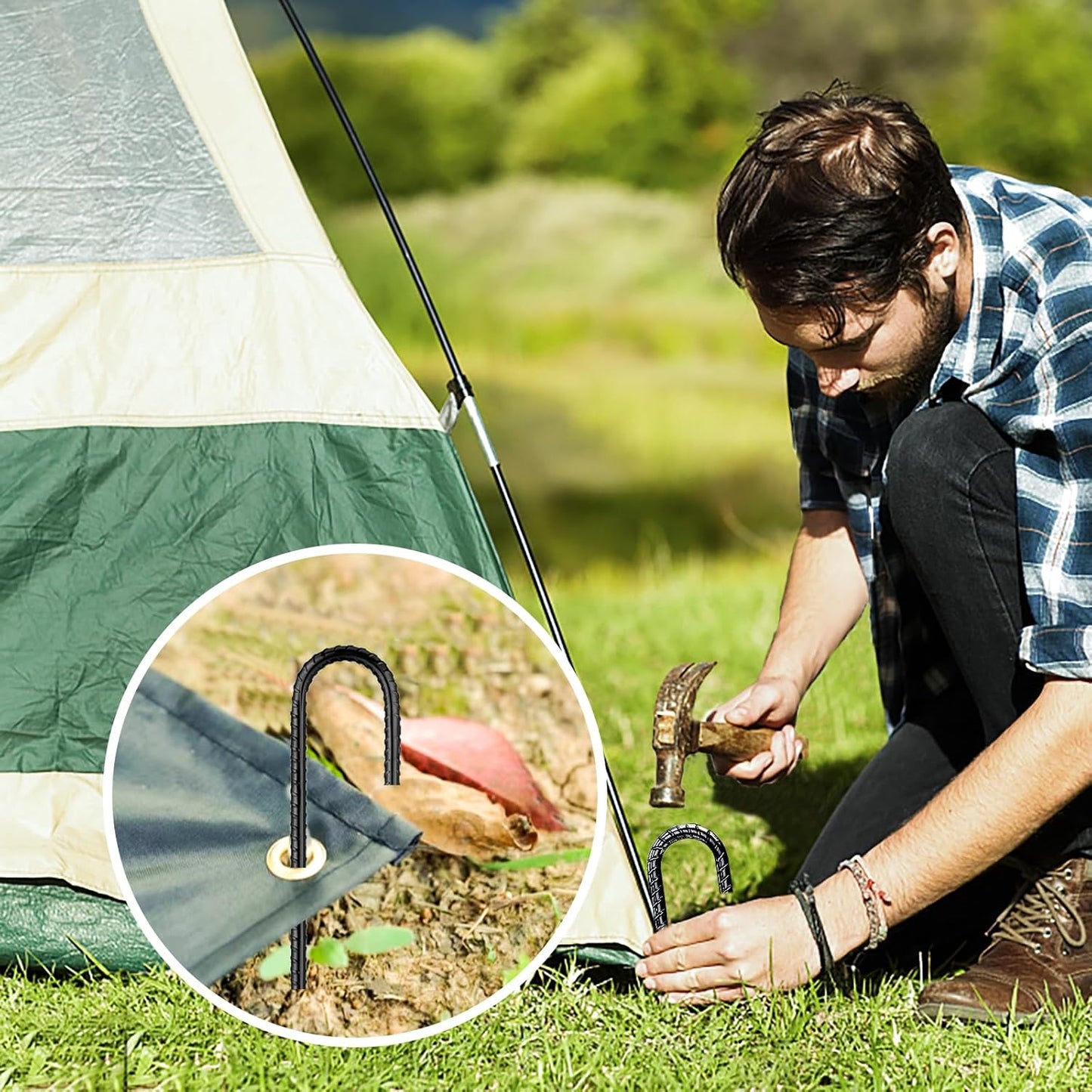 Rebar Stakes 12 Inch, Ground Stakes Heavy Duty J-Hook Black Coated Anti-Rust Heavy Duty Ground Anchors for Garden Dog Fence Chicken Coop Christmas Decorations Deer Fence 30pcs