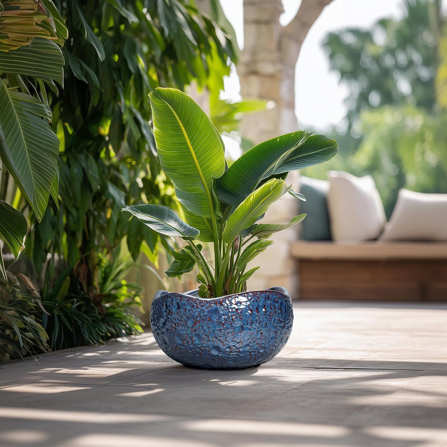 Bonsai Pots - 13 Inch Large Ceramic Planter for Indoor Outdoor, Round Decorative Plant Pots with Drainage Hole, Modern Unique Flower Pots, Patio Decor, Housewarming Gifts, Retro Blue