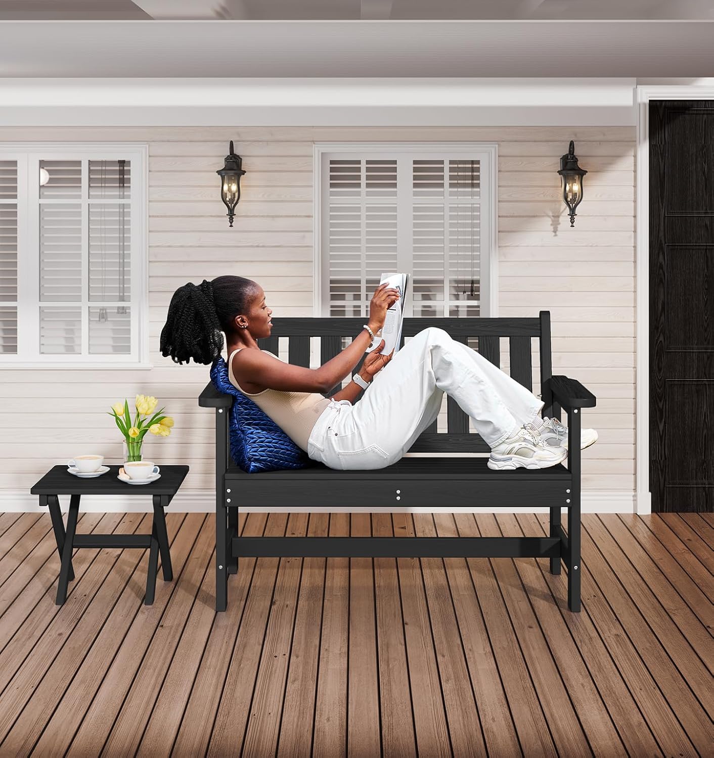 SERWALL Outdoor Bench, HDPE Outdoor Benches Weatherproof, 2-Person Garden Bench with 660 lbs Weight Capacity, Patio Benches for Outdoors, Garden, Porch, Backyard and Park, Black