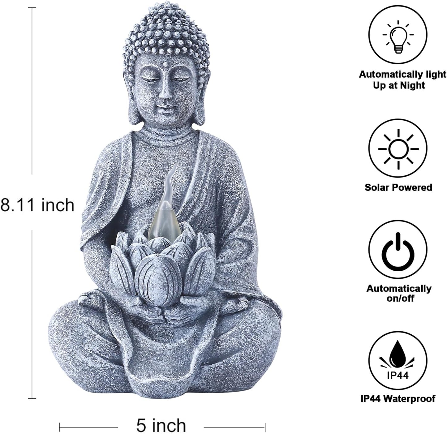 Goodeco Buddha Statue with Solar Lotus - Meditating Yoga Statues with Solar LED Lights, 8.1 Inches Sitting Buddha Serene Resin Figurine for Patio Yard Lawn Ornaments, Home & Outside (Grey Buddha)