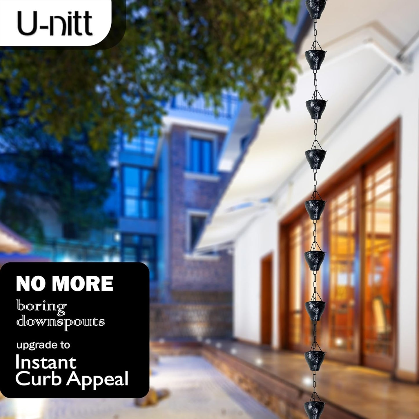 U-nitt Rain Chain Water Collection for Gutters, Rainwater Catcher & Diverter, 8.5 FT Chains for Outside Garden, Sunflower Cups, Roof Downspout, Works with Heavy Rain, w/Gutter Clip for Rainchains