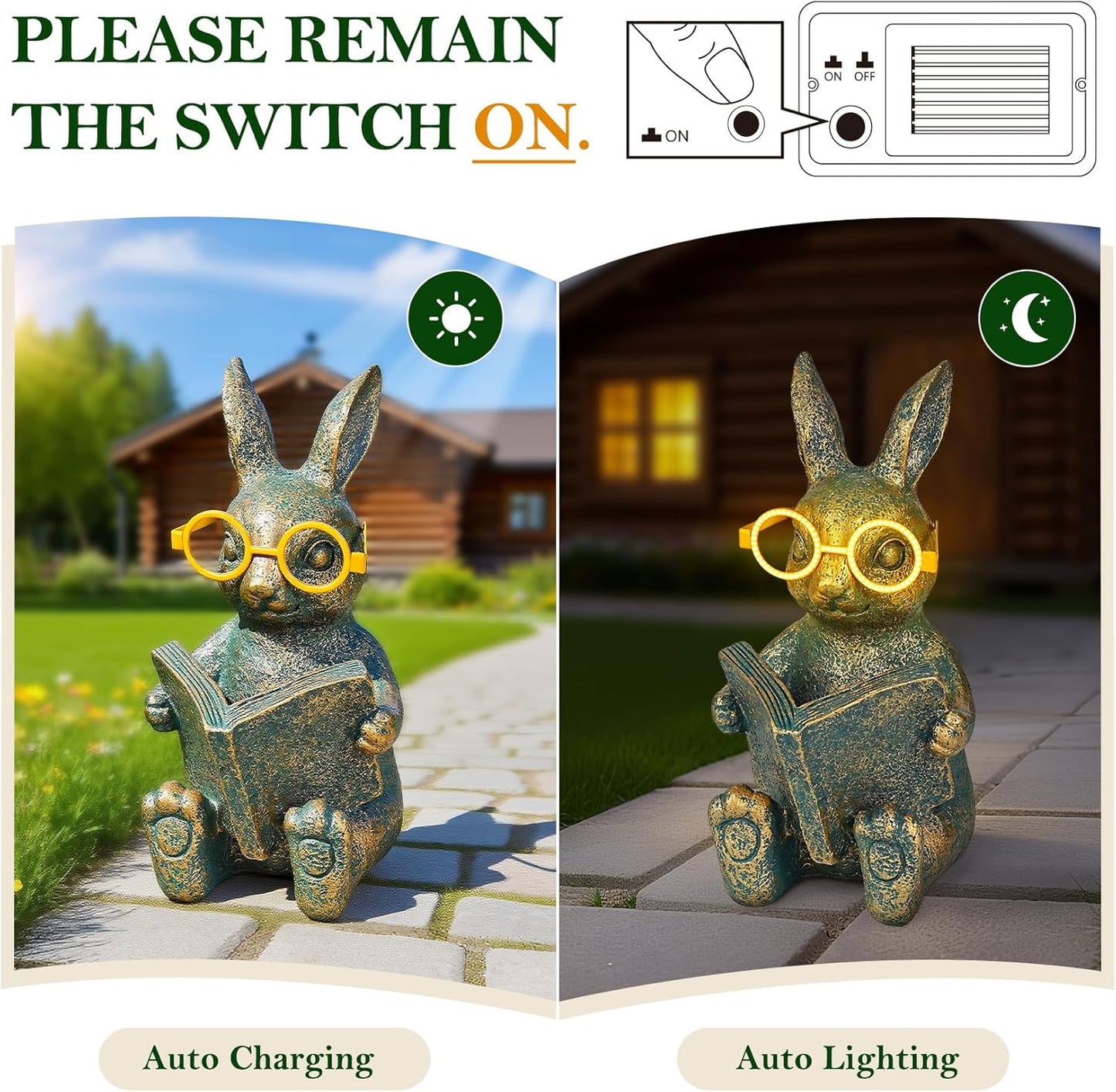 Solar Garden Decor, Adorable Rabbit Statue with Solar-Powered Glasses, Outdoor Bunny Figurine Lights for Patio, Yard & Balcony, for Kids, Mom & Grandma
