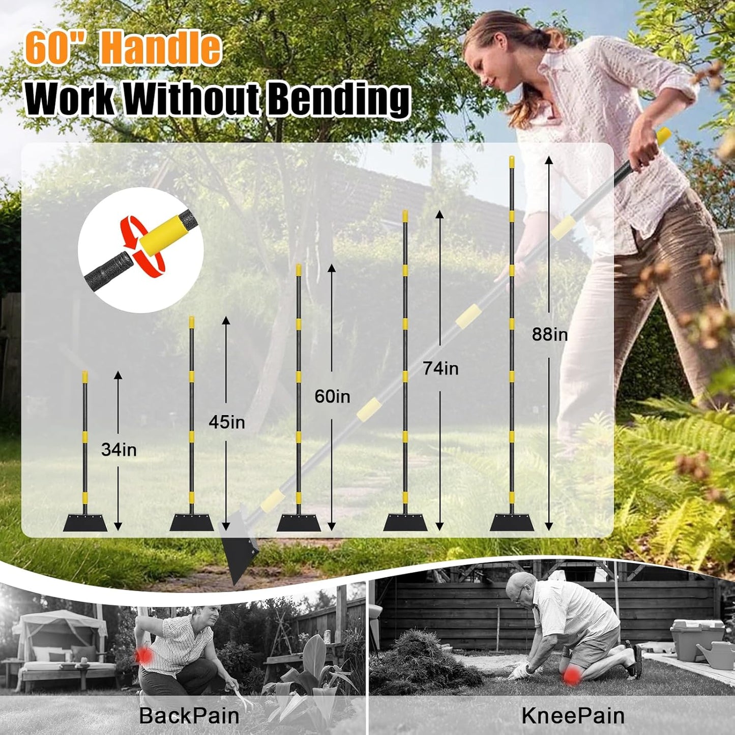 Garden Flat Shovel,60 inch Long Handle Manual Stand Weeding Tool with 2 Spades,Heavy Duty Multifunctional Garden Cleaning Shovel Spade,Floor Scraper for Weeding Edging Snow Ice Removal Tool