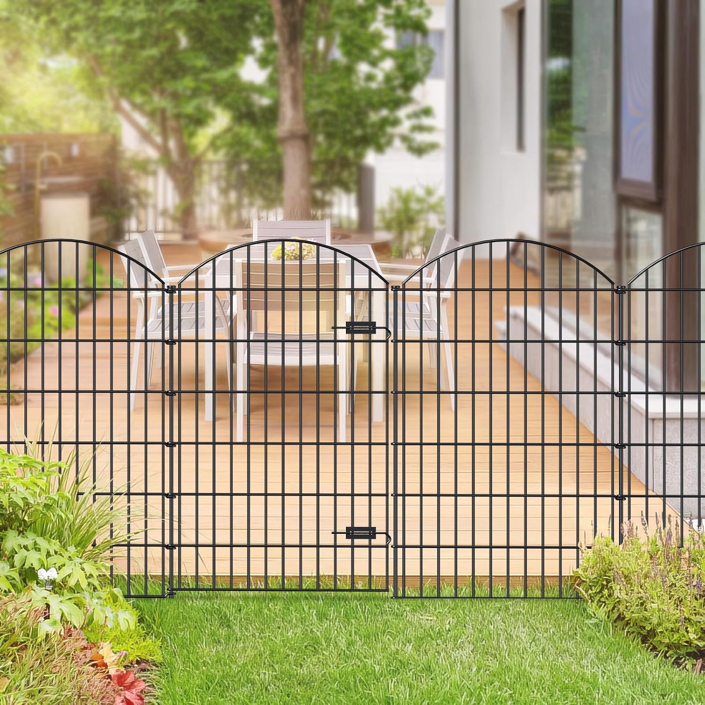 Metal Garden Fence with Gate 48in (H) x 12.7ft (L), 1 Gate+ 4 Panels Dog Fence Border Fences Animal Barrier, No Dig Garden Fencing for Yard Flower Bed Lawn Patio Outdoor, ECG4805G, Black