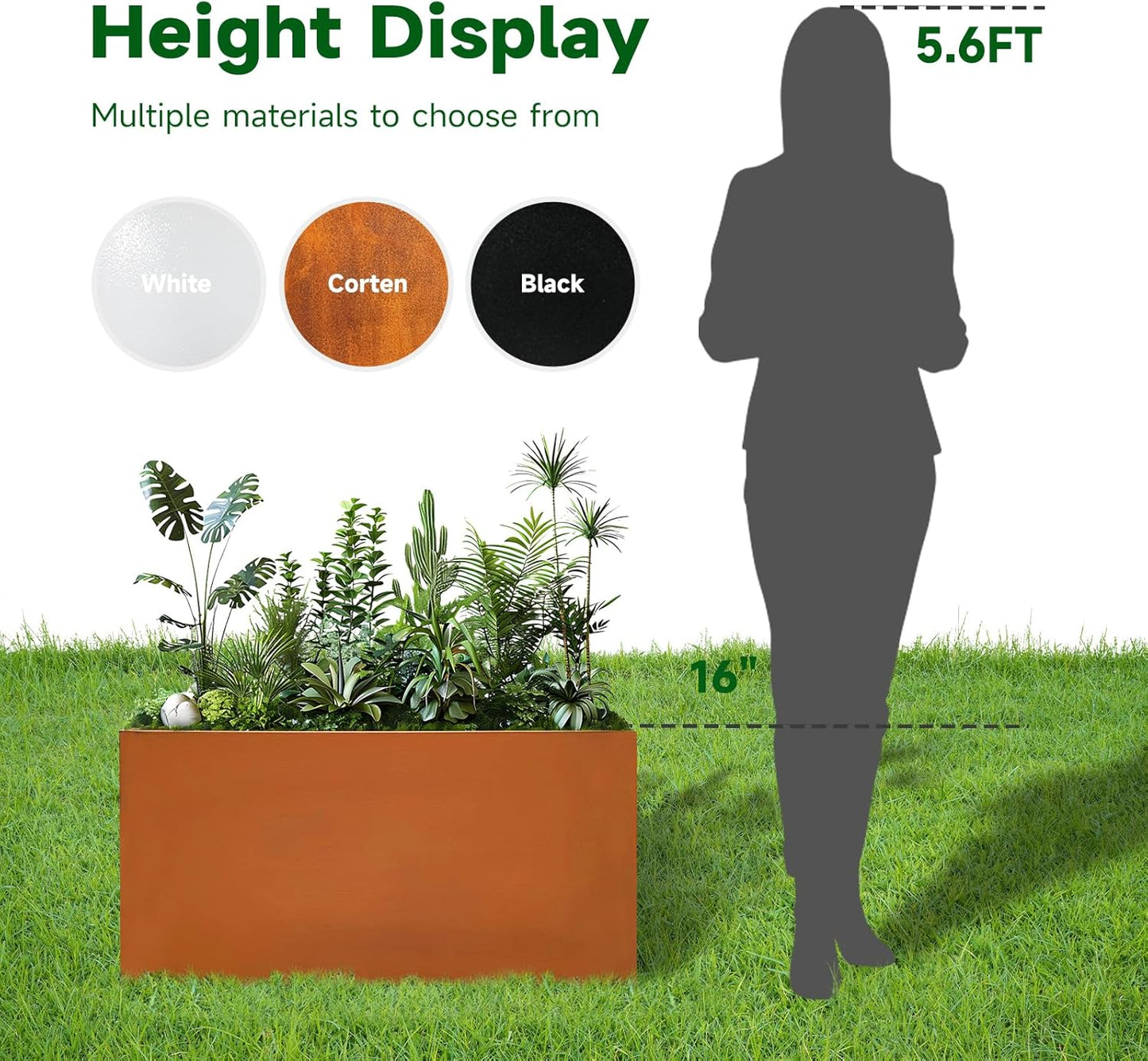Corten Steel Corner Metal Planter Box Garden Steel Planter Pot for Patio Modern Farmhouse Rustic Design (L36 x W12 x D16, Rusted)