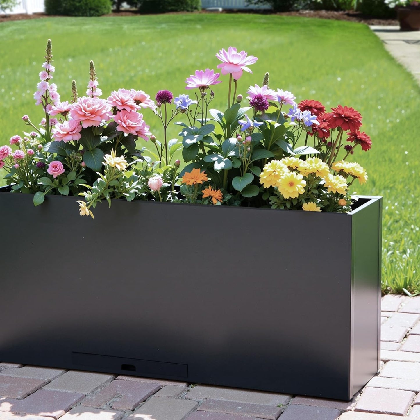 KOL Galvanized Steel Rectangular Planter Box, (16''H.x12''W.x36''L) Large Planters for Indoor Outdoor Plants,Black Powder Coated Metal Planter, Heavy Duty Modern Flower Pot, Commercial & Residential