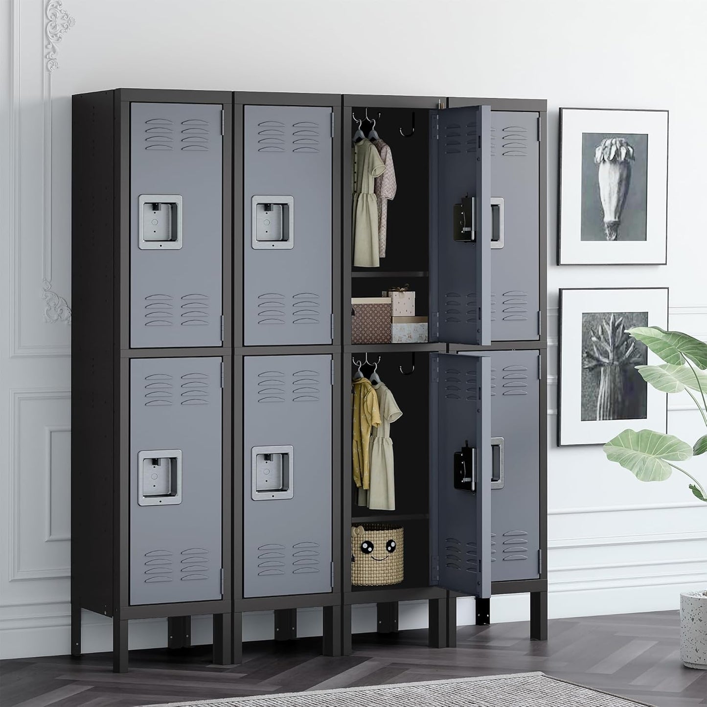 Metal Storage Locker, Lockable Employees Metal Locker with 2 Doors, 65.98" Height Steel Locker for Home, Dressing Room, Office, Gym (Black Grey)