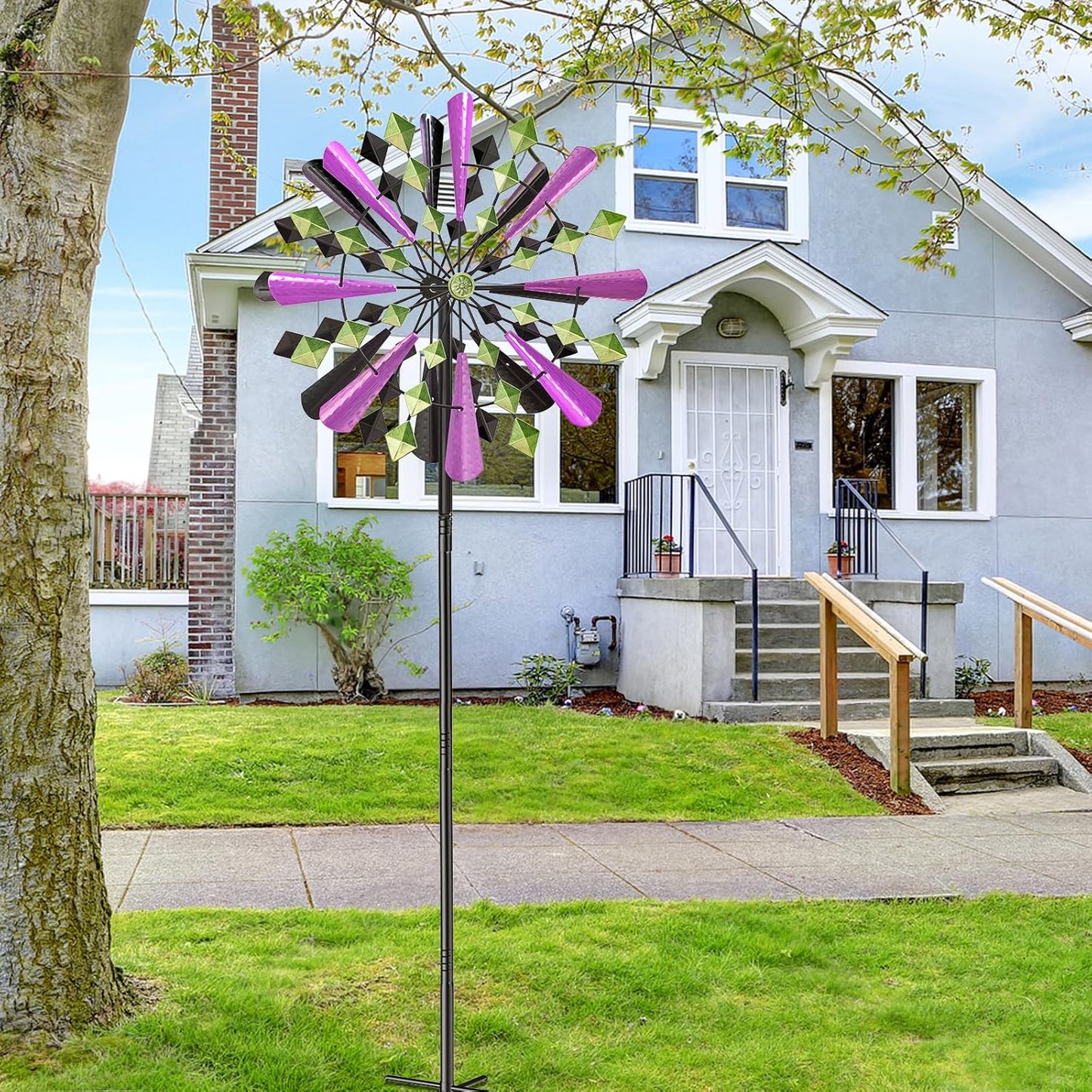 Large Wind Spinners Outdoor, 23.6" W x 79.4" H Metal Yard Wind Sculptures, 360 Degrees Kinetic Spinner Windmills Garden Art Decor Pinwheels for Outside Patio Lawn (Purple+Green)