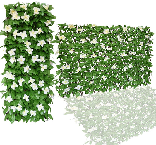 Expandable Faux Ivy Fence,Artificial Privacy Screen Decor for Outdoor Wall, Balcony and Patio, Single Sided Leaves (1,White Flower)