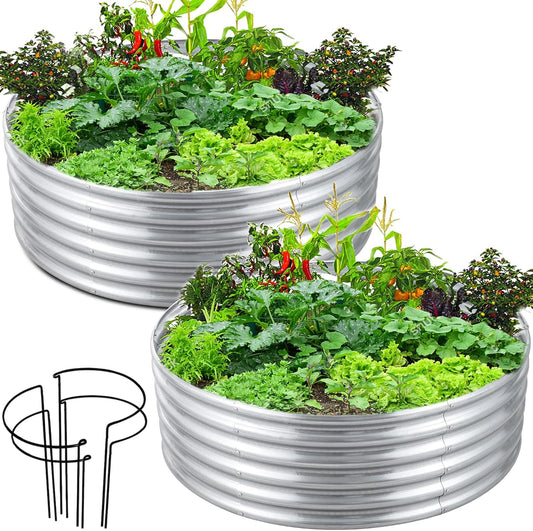 FORTUNO 2 Pack 3 Ft Round Galvanized Raised Garden Bed Box 36 Inches Metal Outdoor Flower Bed Steel Patio Ground Planter for Planting Vegetables and Herb, Silver