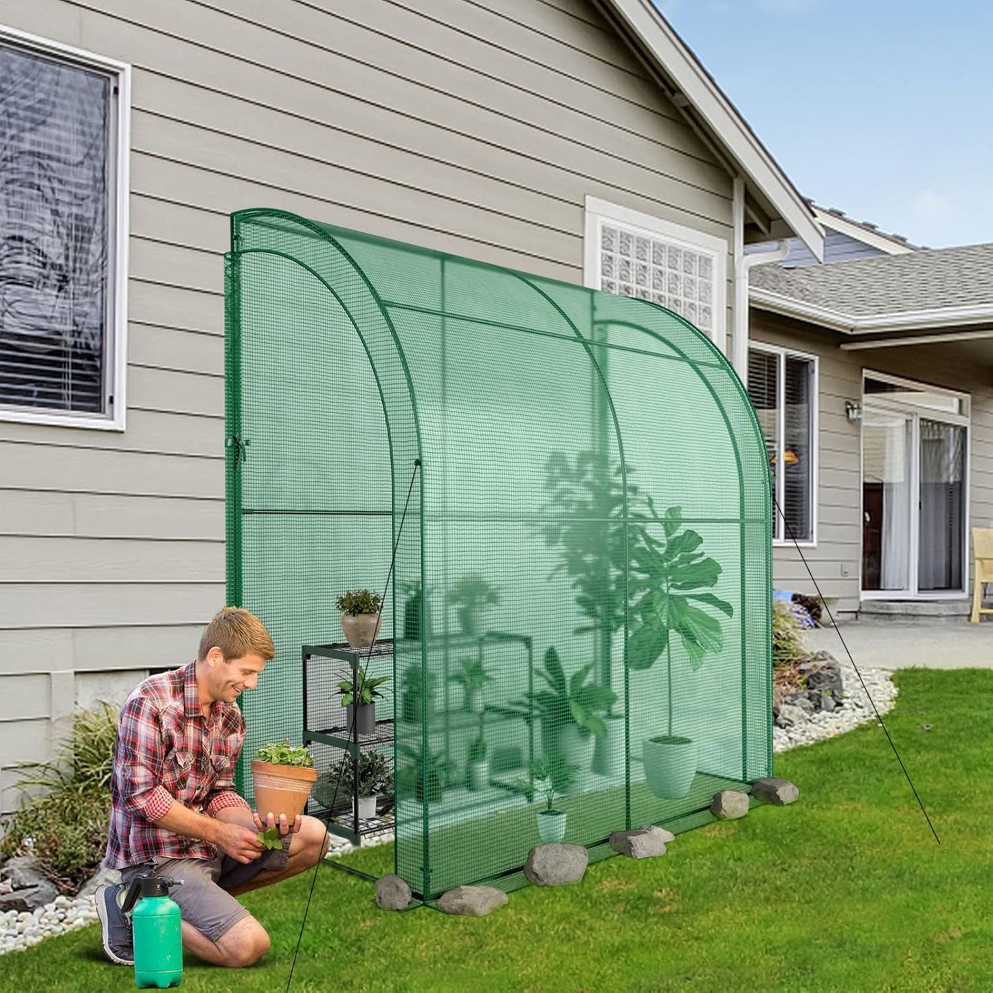 SAFSTAR Greenhouse, 7' x 3.5' x 7' Mini Lean-to Walk-in with 3-Tier Flower Rack, Roll-Up Zipper Doors, Weatherproof PE Cover, Indoor/Outdoor Garden Greenhouse