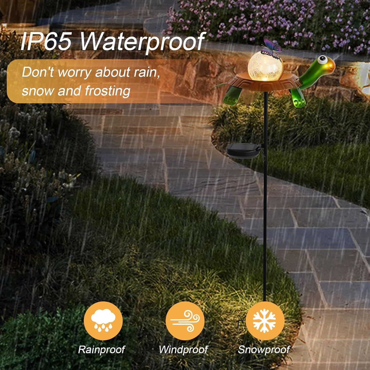 Afirst Solar Lights Outdoor Decorative Metal Turtle Crackle Glass Globe with Butterfly Warm White LED Metal Waterproof Garden Stake Lights for Walkway Pathway Lawn Patio Yard Decorations