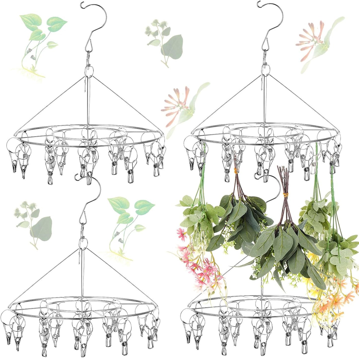 Bokon 4 Pcs Hanging Drying Rack for Herb Macrame Flower with Stainless Clip Dryer Hook for Drying Herb Air Plants Spices Flower Hydroponic Plant Ready to Use with Ceiling Hook(Round)