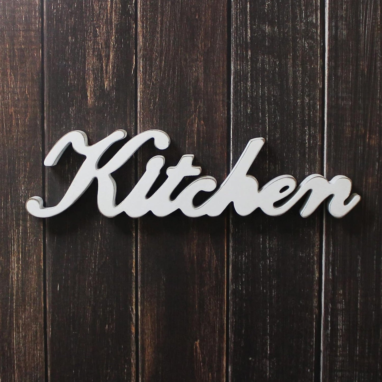 CVHOMEDECO. Rustic Vintage Distressed White Wooden Words Sign Free Standing "Kitchen" Desk/Table/Shelf/Door/Home Wall Decoration Art, 15-1/2 x 4-1/4 x 1 Inch