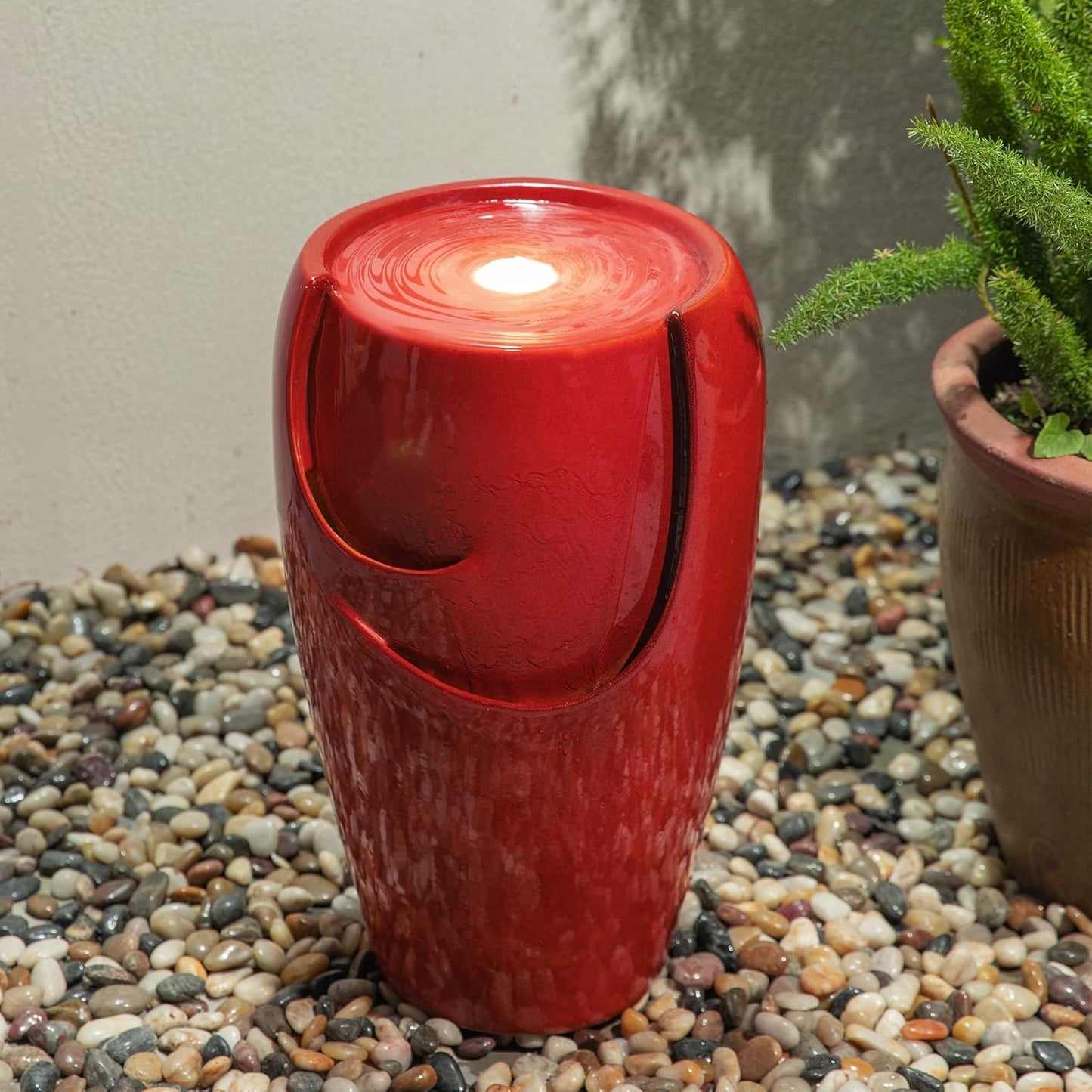 Glitzhome 21.25" H Ceramic Vase Outdoor Water Fountain Tall Patio Garden Water Fountain with LED Light and Submersible Pump Yard Art Decor, Red
