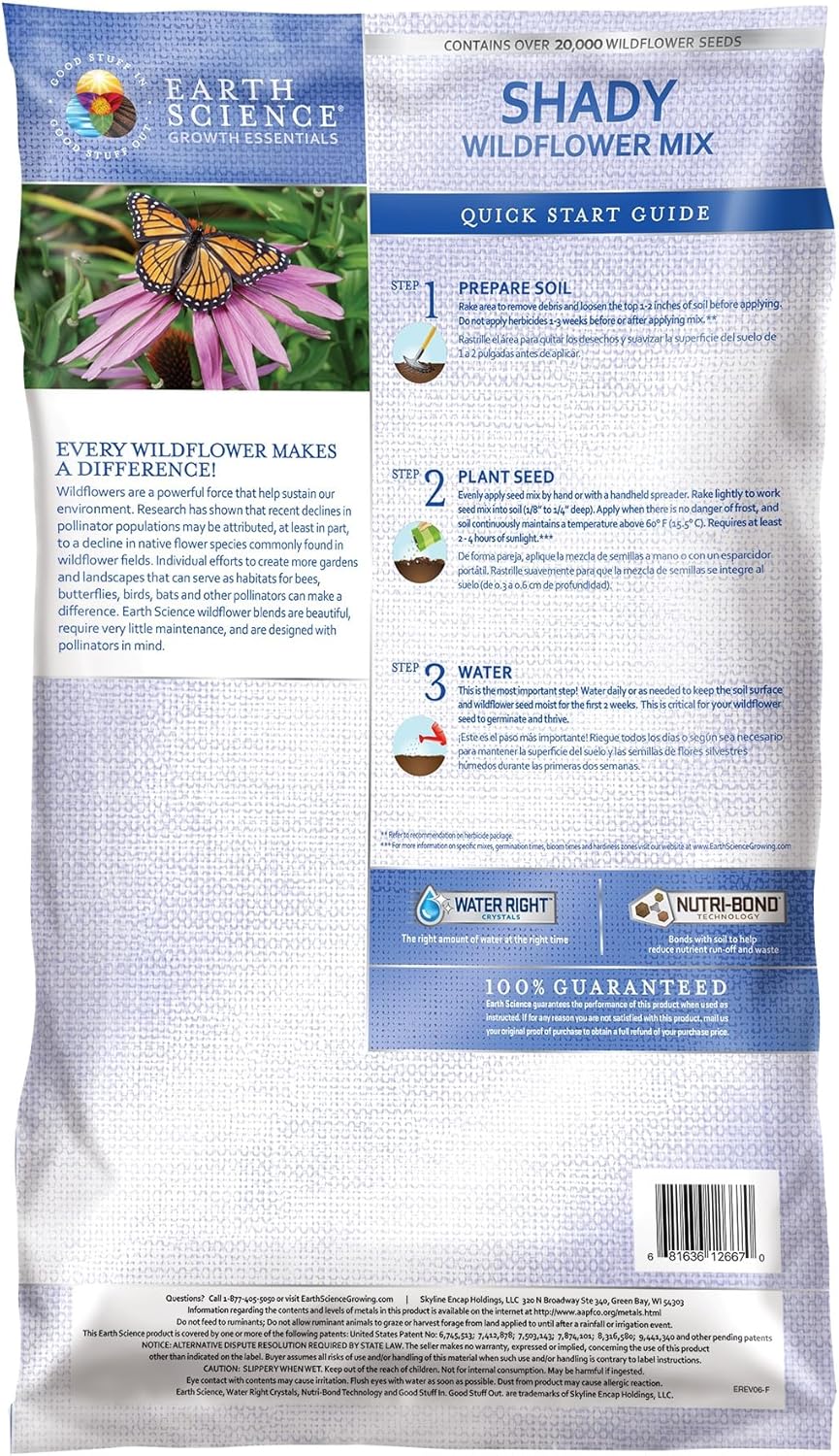 Earth Science Shady Wildflower Mix— 6 lb— 3-in-1 Formula with Premium Wildflower Seeds, Plant Food and Soil Conditioners - Non-GMO, Natural Ingredients