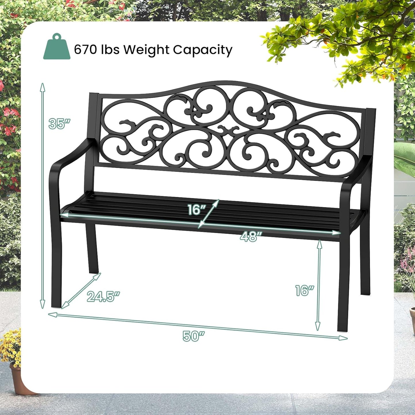 Tangkula 50 Inches Outdoor Garden Park Bench, Cast Iron Metal Patio Bench with Floral Design Backrest, Armrests and Slatted Seat, Outdoor Loveseat Chair for Porch, Lawn and Yard, Black