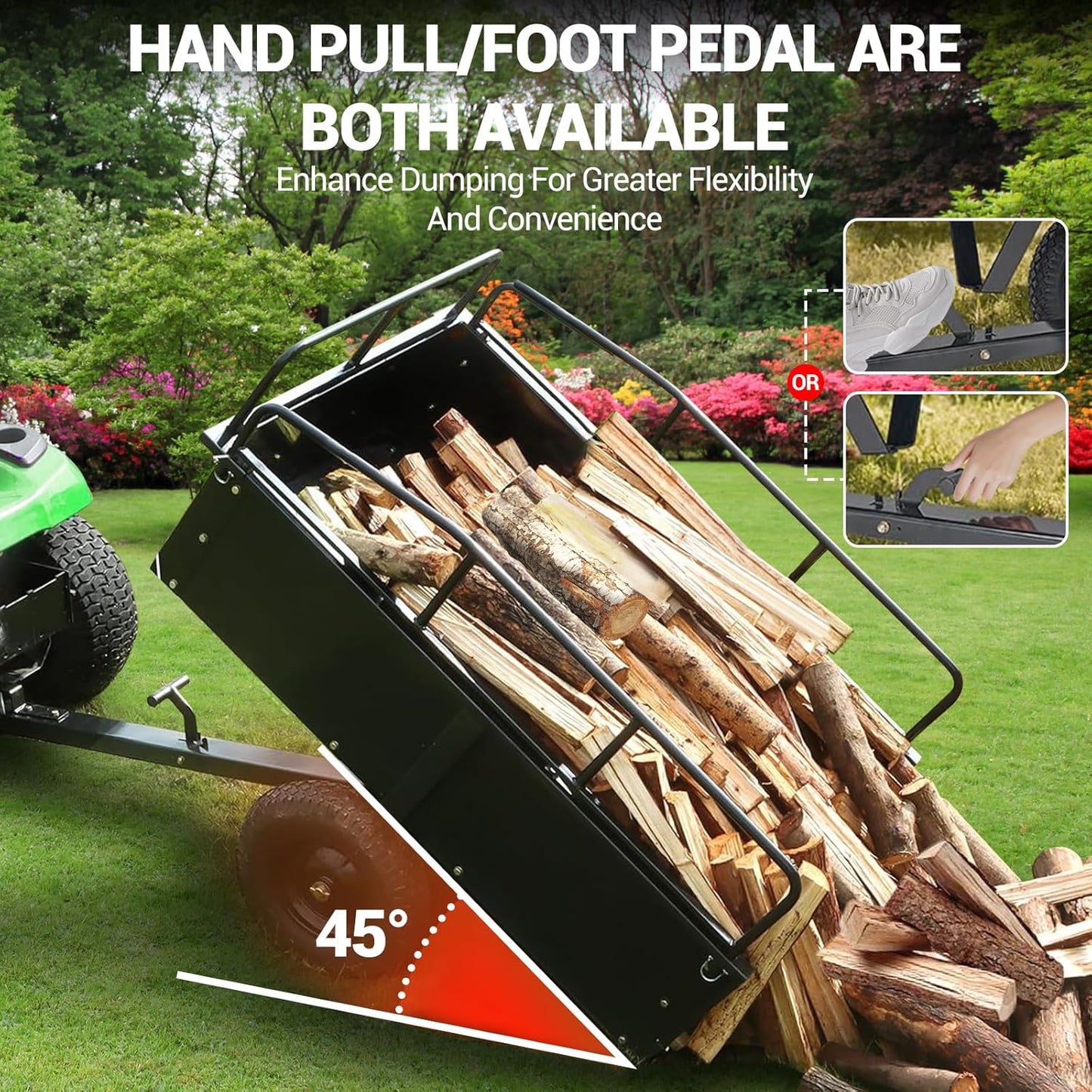 GarveeLife 750 lbs Heavy Duty Steel Dump Cart, 15 Cubic Feet Garden Utility Trailer with Removable Sides,Hand Pull or Foot Pedal Dump Cart for ATV, UTV, Lawn Mowers and Tractors