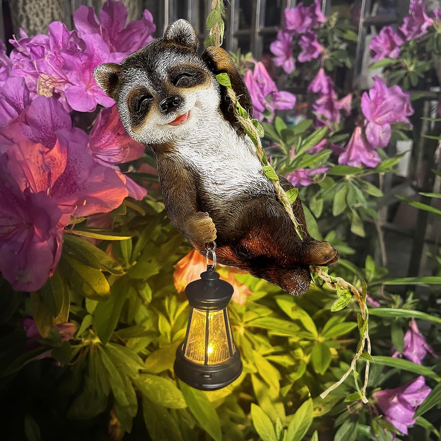 Joliyoou 1 Pack Solar Light Outdoor Statues, 6.5"H Resin Raccoon Climbing On A 23.6"L Vine with LED Lantern, Waterproof Hanging Animal Figurine with Hook for Yard Garden Wall Balcony Tree Decoration