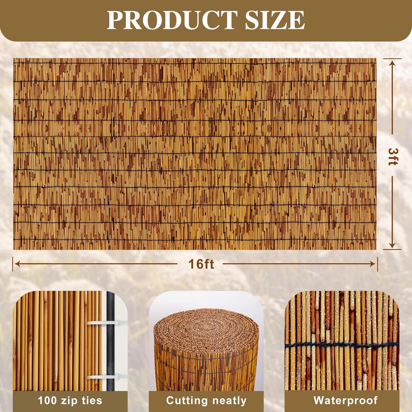 Natural Reed Fencing,Decorative Bamboo Fence Rolls Handwoven Friendly Sun Shade for Garden,Patio,Balcony Windows 3x16FT