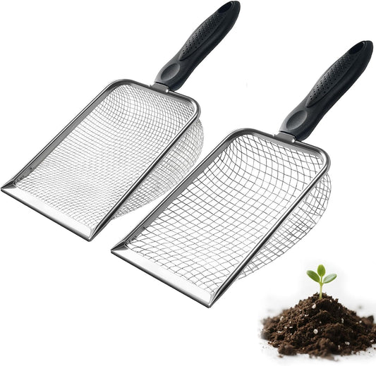 2 PCS 2-in-1 Gardening Soil Sifter Set with 3.8/5mm Mesh, Garden Sieve & Shovel Sifter Screen Potting Scoop for Sand, Dirt, Rock Compost, Stainless Steel & Ergonomic Handle