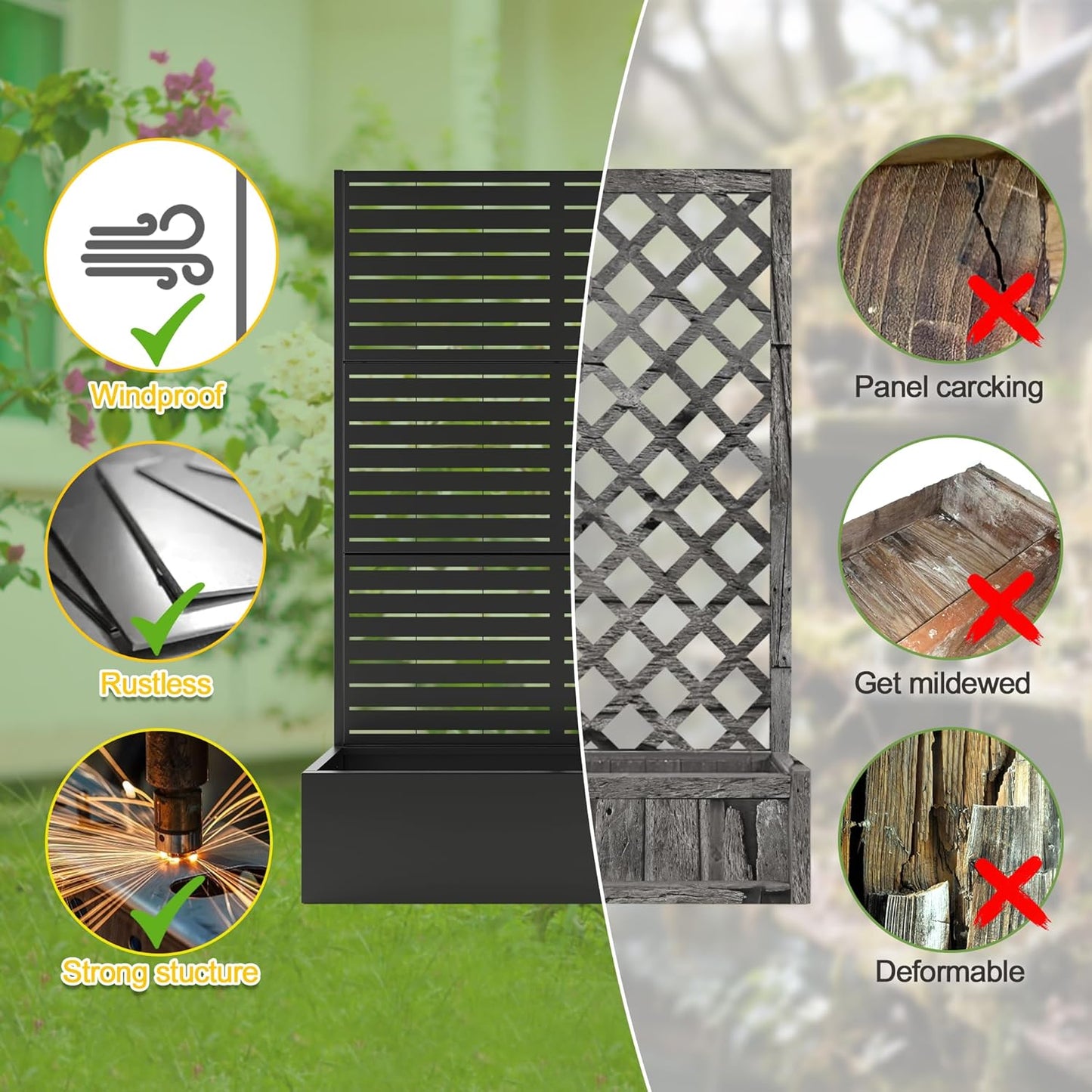 FENCY Metal Raised Garden Bed with Trellis, Metal Planter Box with Trellis, Garden Box for Climbing Plants Vegetable, 47" Lx16 Wx71 H Garden Bed with Drainage Holes(Black-Louvered)