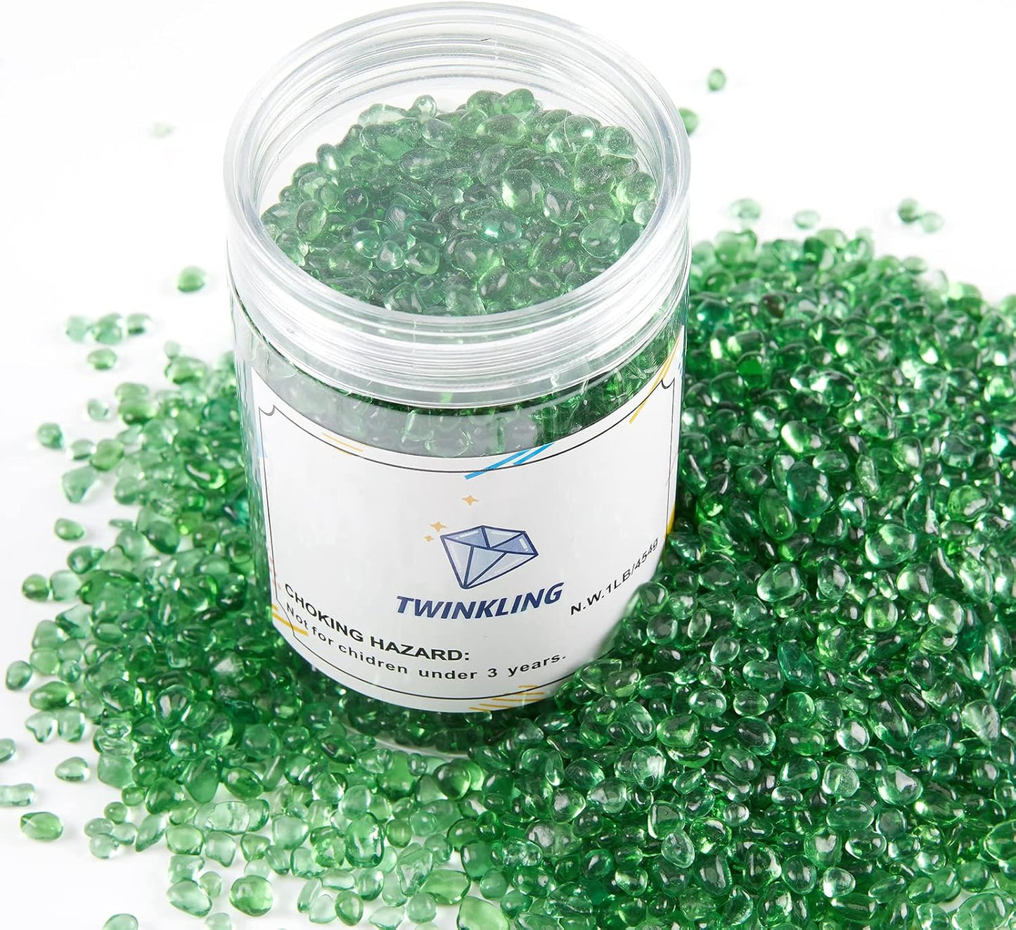 TWINKLING High Luster Round Fire Glass Stones,Glass Marbles Pebbles,Glass Beads Gems for Fire Pit Vase Fillers Crafts Aquarium Garden Decoration,3-6mm,1-Pound Jar (Light Green)