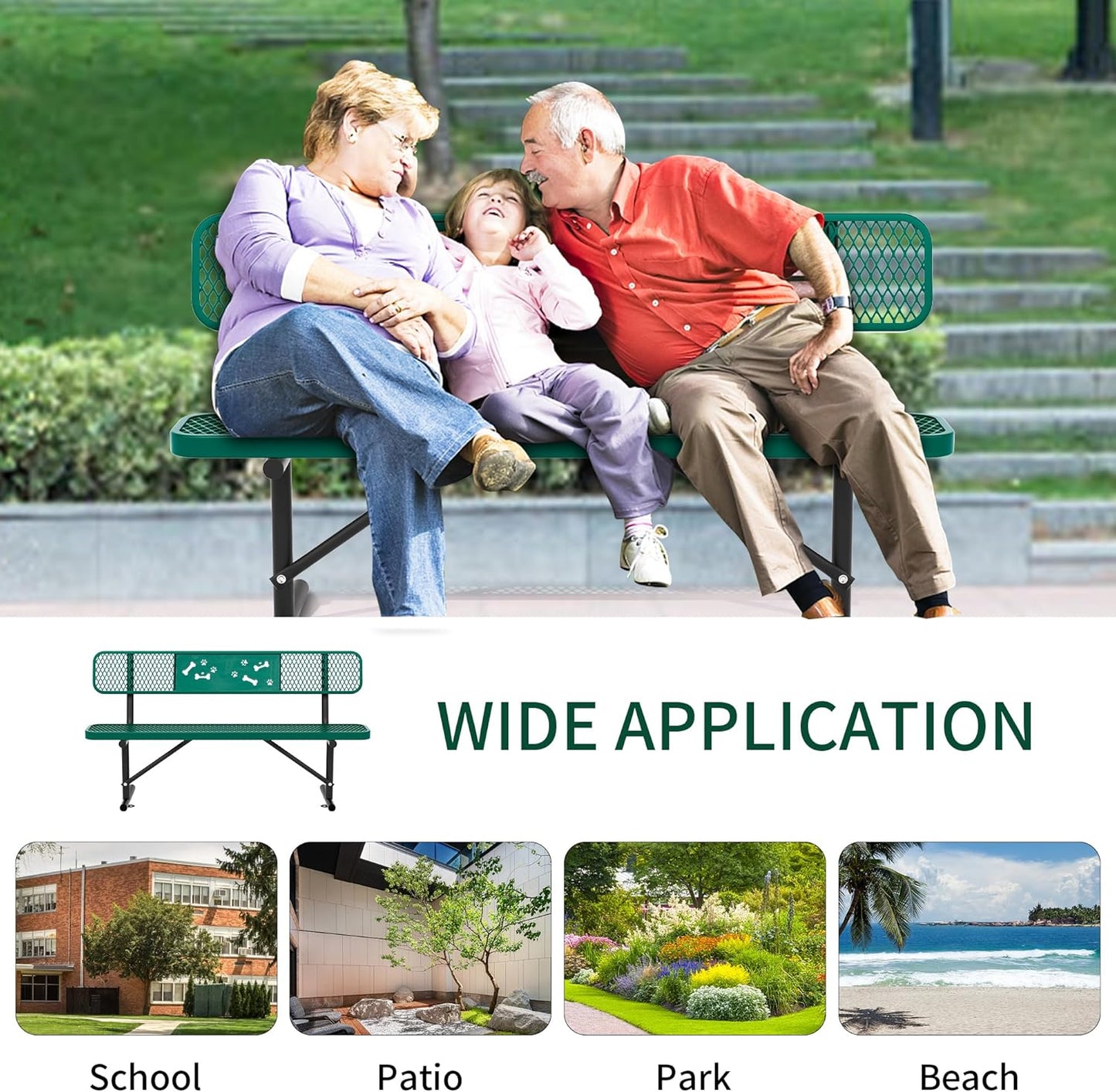 6 Feet Steel Park Bench for Outside, Outdoor Bench with Backrest & Portable Frame, Commercial Benches for Parks, School, Patio, Deck, Store,Green