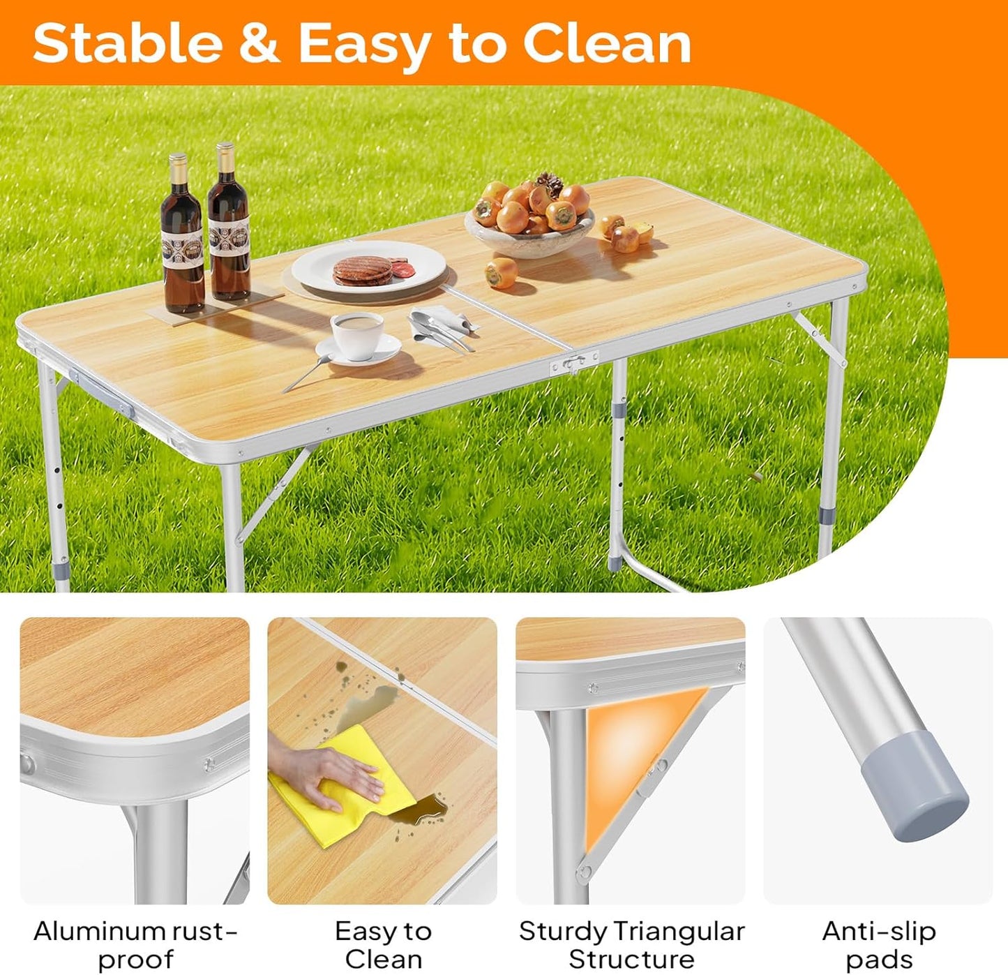 VINGLI 4FT White Folding Table with Carrying Handle Height Adjustable Lightweight Fold Up Portable for Indoor Outdoor Picnic,Camping,Hiking,Fishing,BBQ …