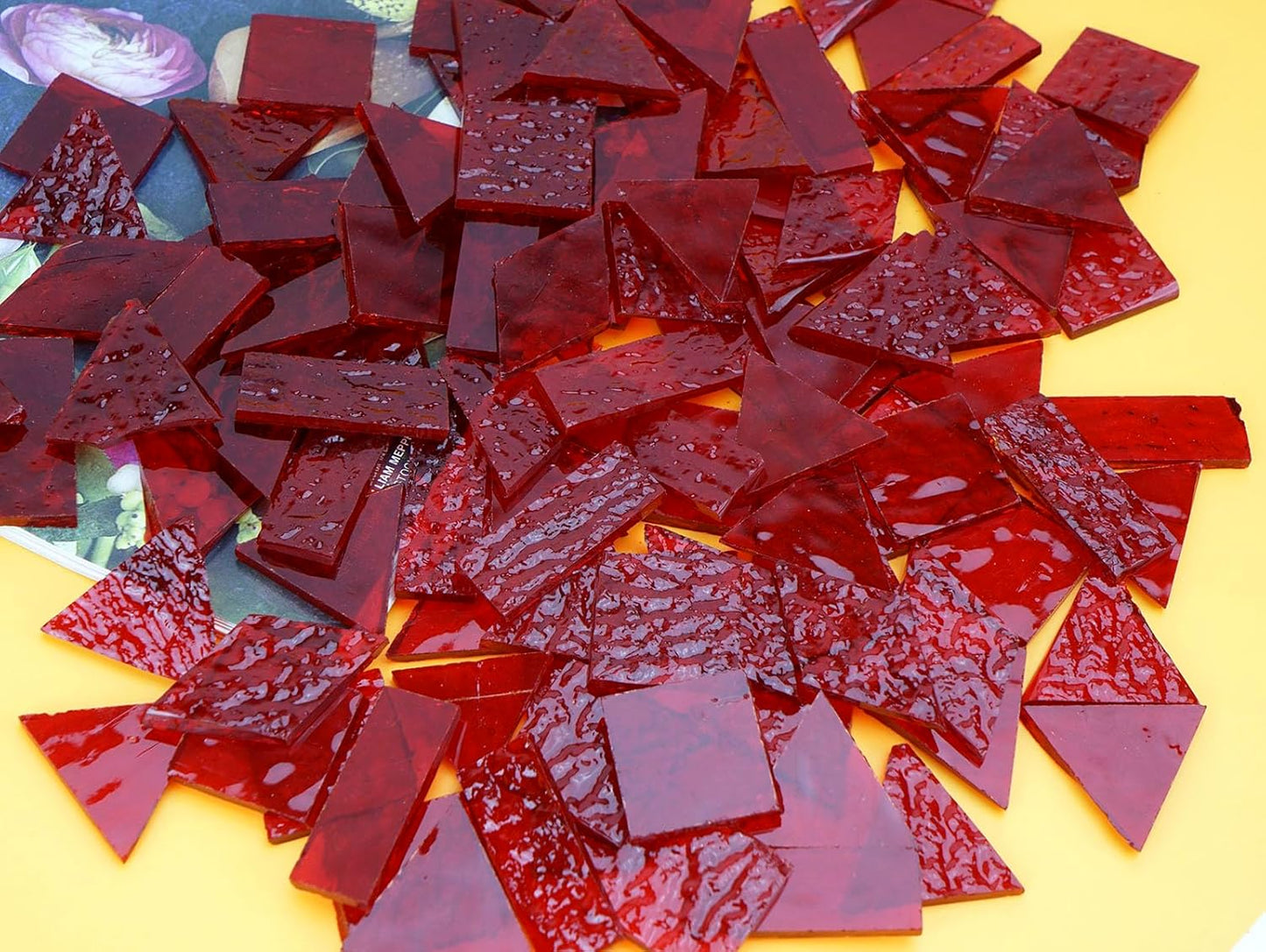 Large Crisp Textured Glass Mosaic Tiles - 200g Stained Glass Pieces, 4 Shapes Pre-Cut for DIY Mosaic Crafts, Blood Red