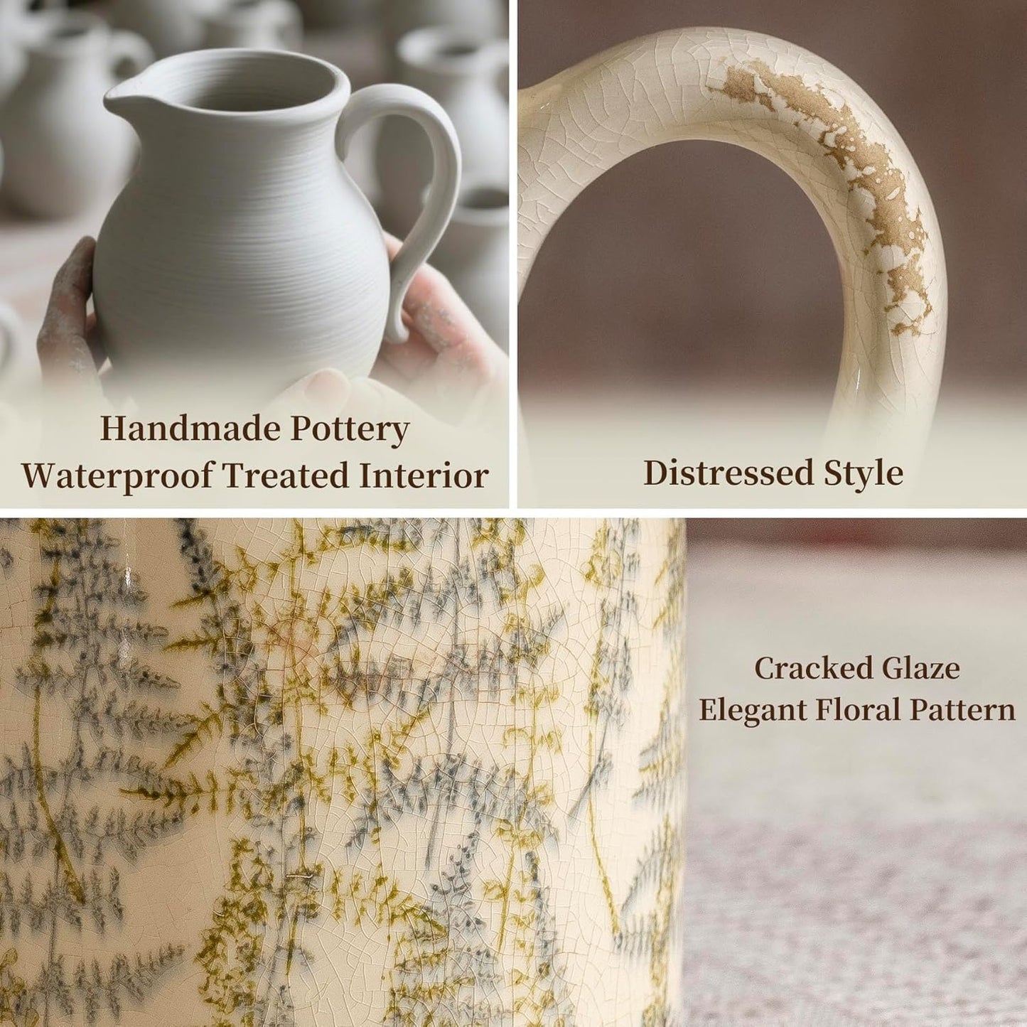 Vintage Ceramic Pitcher Vase with Handle, Farmhouse Green and Purple Large Floral Vases, French Country Decorative Vase, Rustic Table Centerpiece for Home Decor, Bookshelf, Office 7.3 Inch