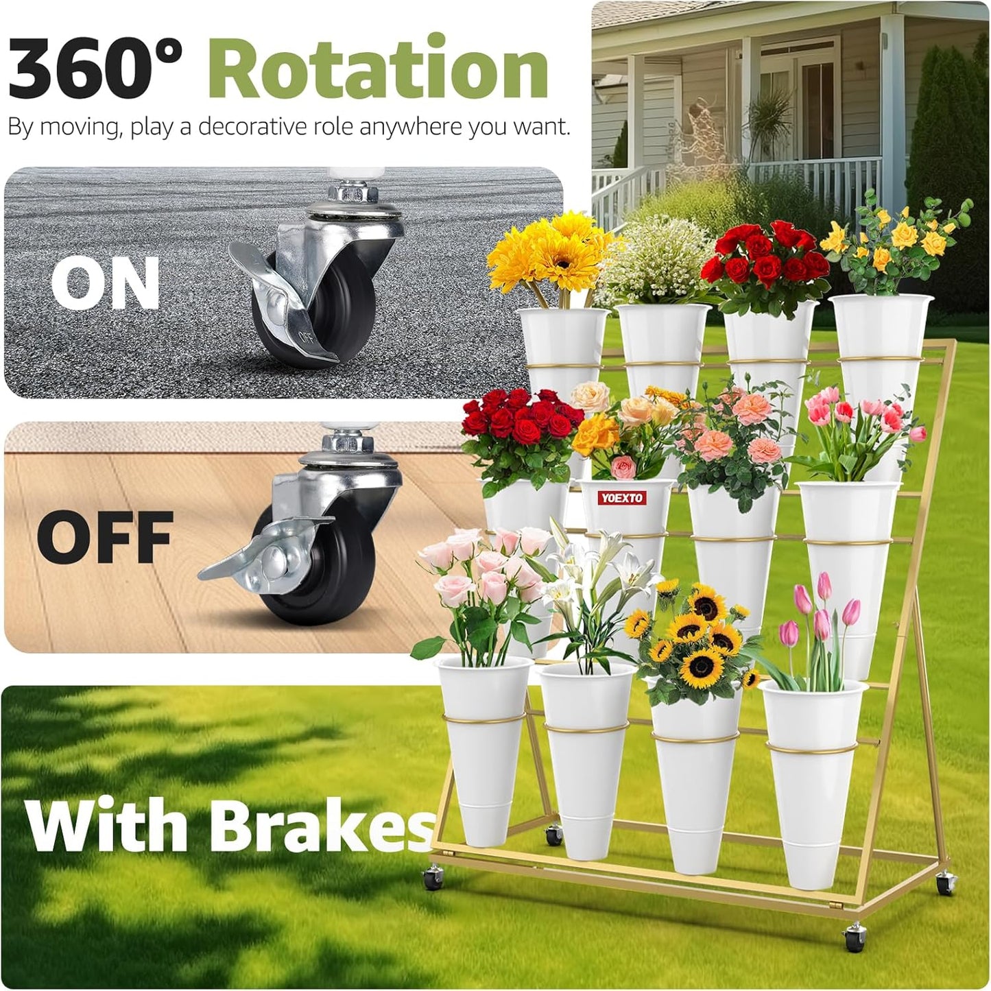 Flower Display Stand 3 Layers with 12 PCS Round Buckets, Plant Stand with Wheels, Movable Metal Plant Stand for Terrace Garden, Florist Shop (Gold Frame, White Buckets, 3-Tier, 12 Buckets)