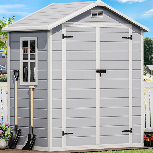 DWVO 6x4 FT Outdoor Resin Storage Shed with Reinforced Floor, All-Weather Bike Storage Shed with Lockable Door, Window and Vent, Waterproof Plastic Tool Storage for Garden, Backyard, Patio, Lawn
