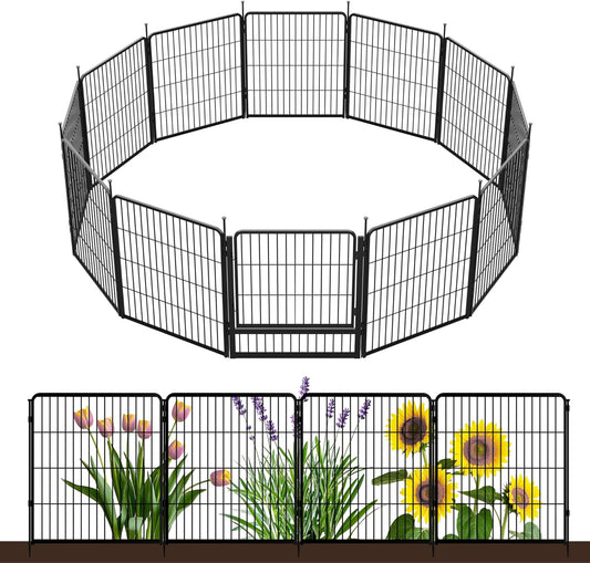 Decorative Garden Fence with Gate 32 in(H) x 26.8 ft(L) 12 Panels, Heavy Duty Metal Animal Barrier Fence for Yard, Flower Bed Fencing, Garden Border Fence, Easy Set Up, Black