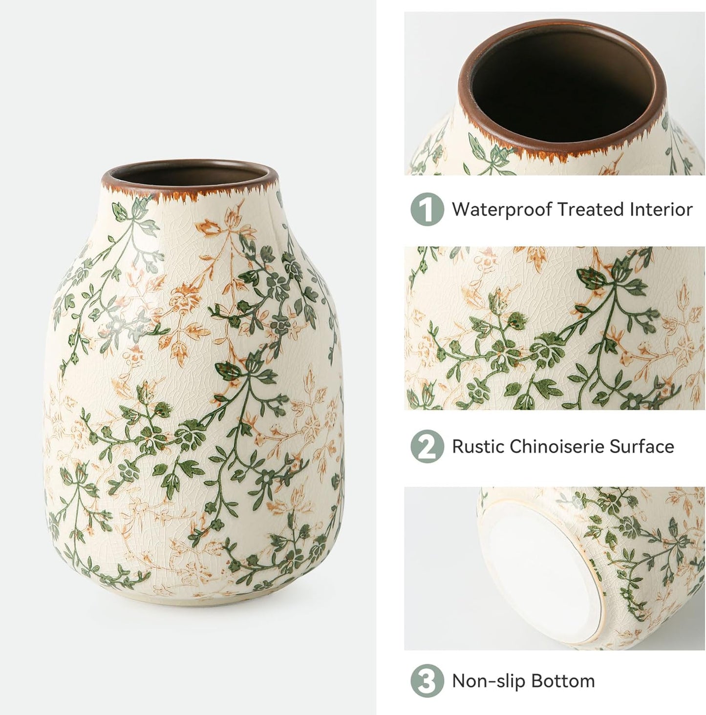 Green and Beige Vintage Vase, Chinoiserie Floral Vase, Rustic Ceramic Large Vases for Home Decors, Living Room, Bookshelf, Office, Grand Millennial Decor, Chinoiserie Decors, Tuscan Decor 7.8 Inch