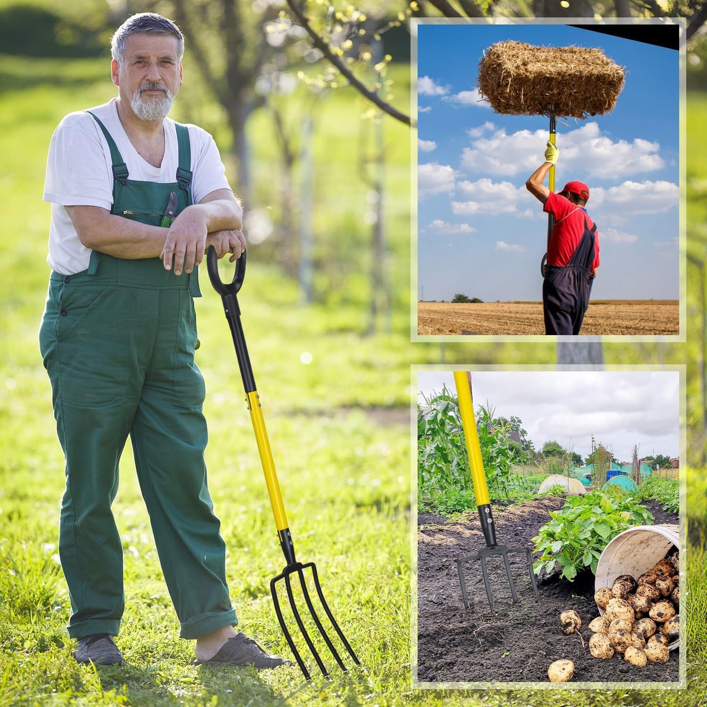 Pitchfork, Steel Tines, Manual Hay Fork, Pitchforks for Gardening Digging Composting Spading,4Tines Garden Fork witn Fiberglass Handle,46Inches (Black)