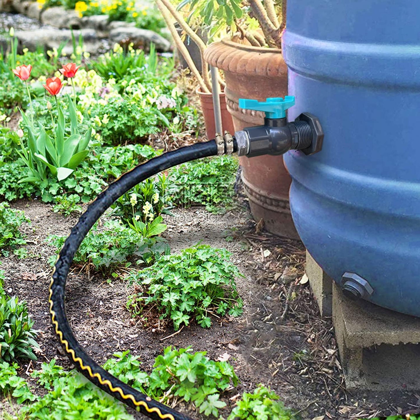 Rain Barrel Spigot PVC Faucet Kit Water Barrel Diverter Kit with Bulkhead Fitting,Ball Valve,Garden Hose Barb(20mm) Adapter,Pipe Clamps,Thread Seal Tape(kit for 20mm ID Hose)