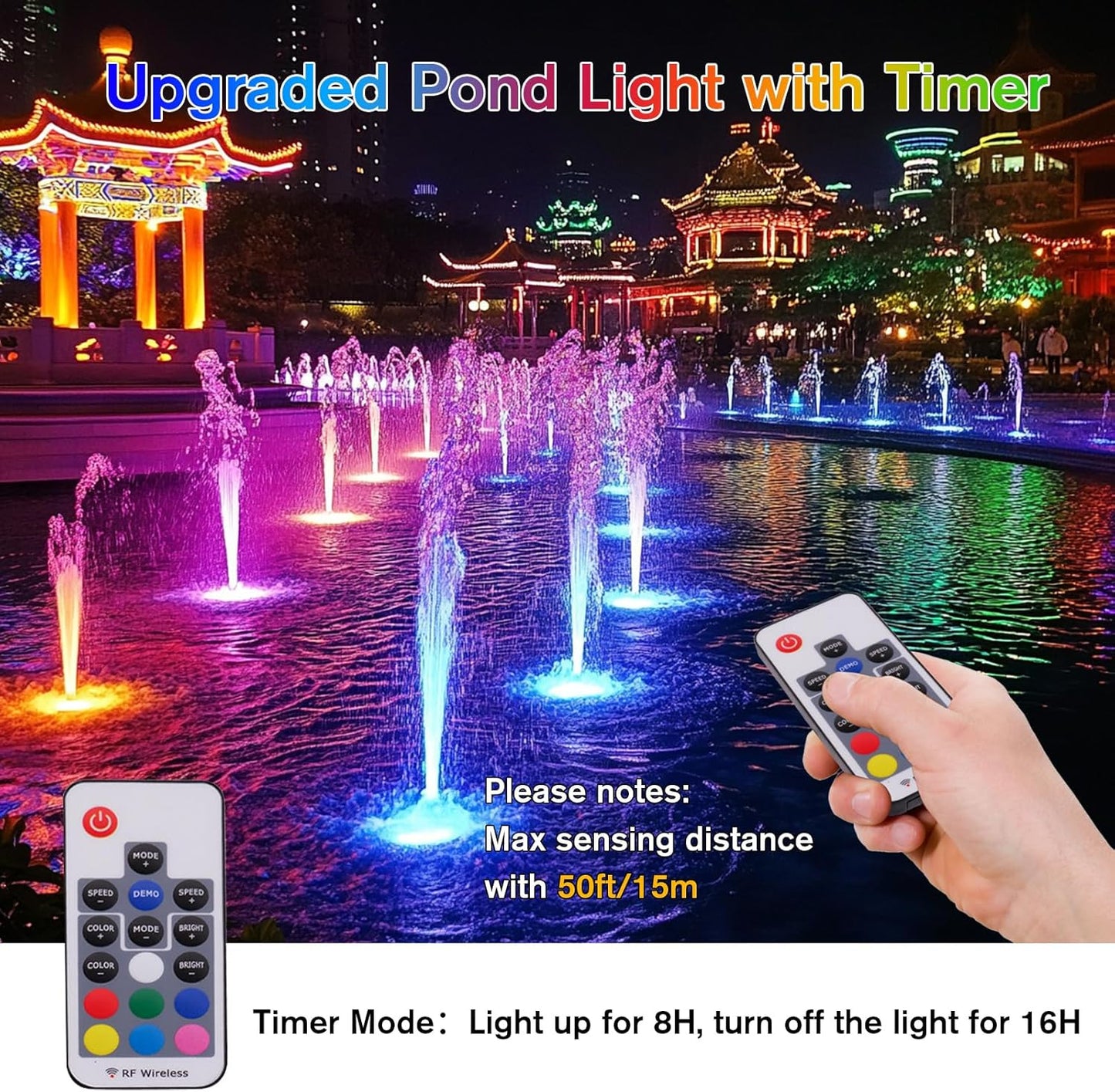 POPOSOAP RGB Underwater Pond Lights with Timer, 20 Colors Dimmable Submersible Led Fountain Lights with IP68 Waterproof, Support Remote Control for Outdoor Ponds Aquarium Garden Pool (6 Headlamps)