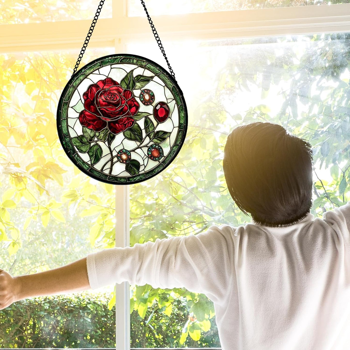 Stained Glass Window Hanging, Red Rose Gemstone Green Sun Catchers Diamond Glass Panel Hangings Suncatcher Decor for Birthday for Women, Men, Wife, Aunt, and Mom 7.8 in