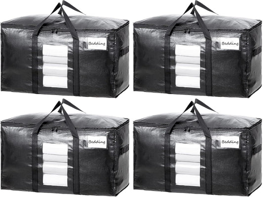 TAILI Extra Large Moving Bags, 4 Pack Black Heavy Duty Totes For Storage with Visible Window, Wrap Around Handles, Storage Bags for Space Saving, Alternative to Moving Boxes