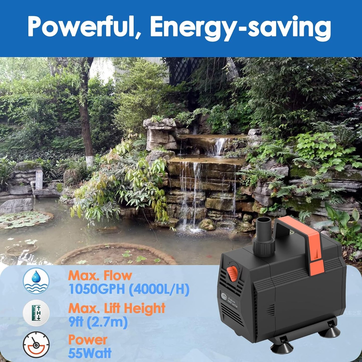 AquaMiracle 1050GPH Submersible Water Pump Pond Pump(4000L/H, 55W), Water Fountain Pump Aquarium Water Pump with Flow Control for Fish Tank, Waterfall, Statuary, Filtration, Water feature, Hydroponics