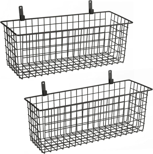 2 Sets Extra Large Hanging Wall Basket, Black Metal Wire Baskets with Steel Hooks for Organizing, WallmountedFruit Vegetable Toy Snack Storage, Home Kitchen Bathroom Laundry Pantry Organizer
