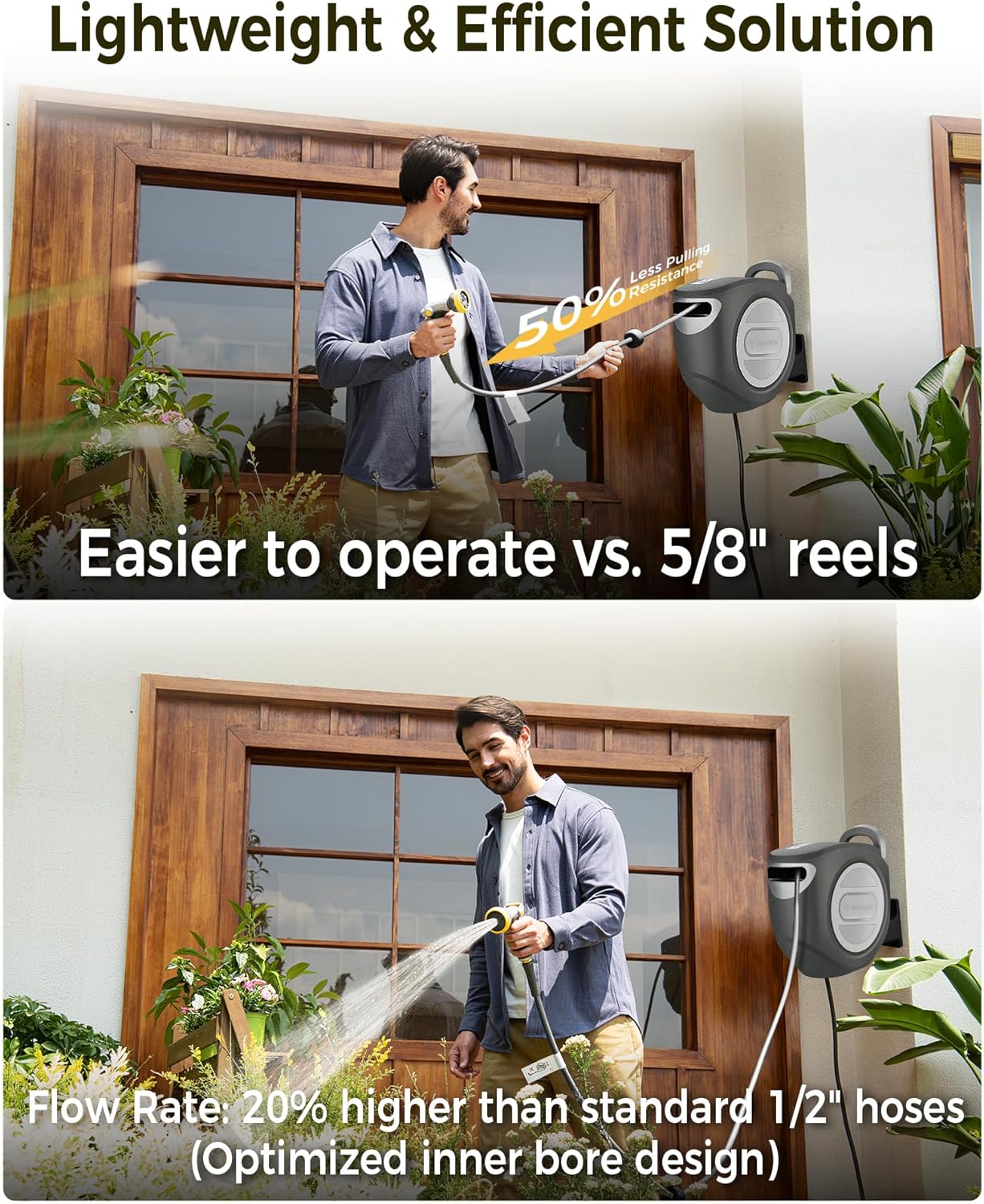 Retractable Garden Hose Reel 1/2 in x 130 ft Upgraded UV Resistant Heavy Duty Automatic Hose Reel Wall Mount 3/4 in Brass Fitting 9 Pattern Nozzle Any Length Lock Slow Retraction