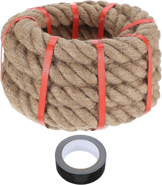 MECCANIXITY Jute Rope 0.55 Inch x 33ft, Thick Twine Rope Ropes Braided Jute Twine Natural Brown Burlap Cord String Heavy Twisted with Tape for Decorative Crafts Railing Swing Tug of War