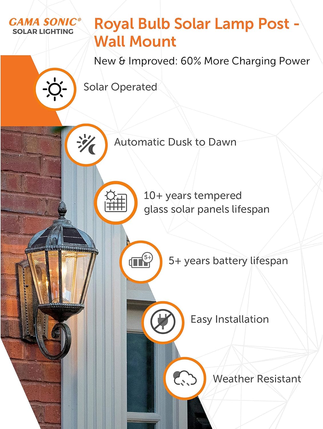 Gama Sonic Solar Outdoor Wall Light, Royal Bulb Exterior Sconce Lamp, Weathered Bronze Finish Aluminum, Rain Water Glass, Warm White LED with Omni-Direction Reflector, 98B310 Upgraded Panel & Battery